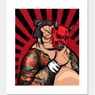 Japanese Sumo Wrestler In Demon Oni Mask Aesthetic Posters and Art